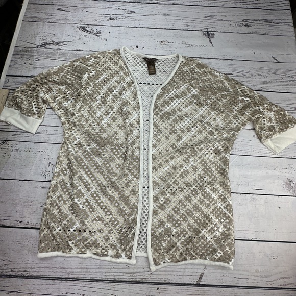 Multiples Sweaters - Multiples Womens Open Front Mesh Kimono Cardigan Beige White Pattern Size XL